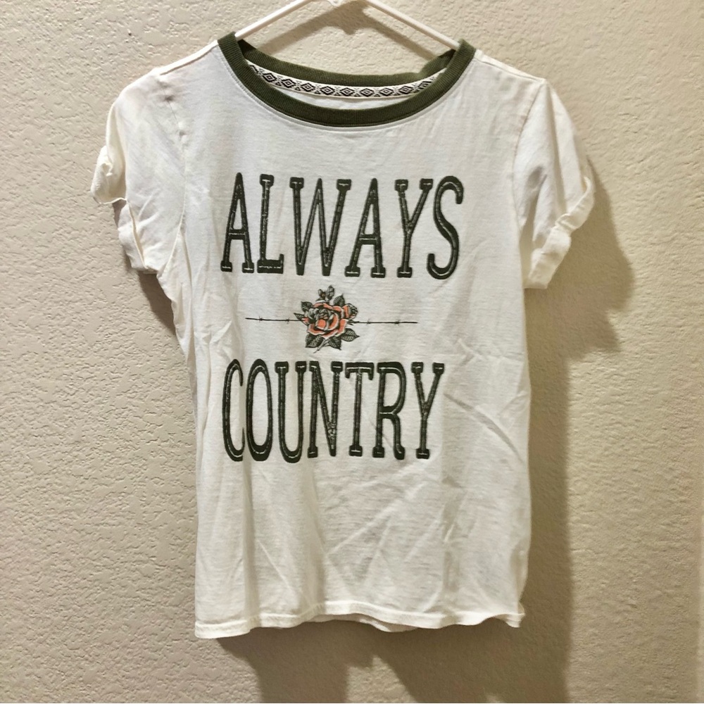 Shyanne White Graphic Tee with Olive Trim